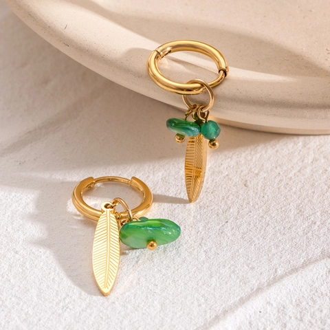 Vintage 18K Gold Plated Stainless Steel Leaf Hoop Earrings For Women Bohemian Natural Green Stone Bead Pendant Earrings Jewelry Gift