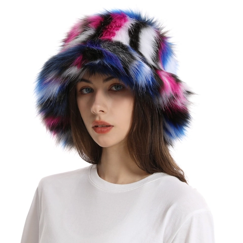 Chapeau Bob En Fausse Fourrure Pour Femmes Chaud Épais Peluche Hiver Extérieur Patchwork Multicolore