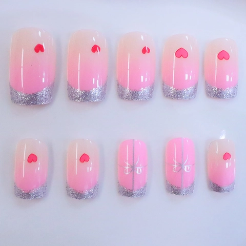 Kunstnagels Roze Verloop Zilveren Glitter French Rood Hart Strik Zoete Stijl Valentijnsdag Voor Vrouwen