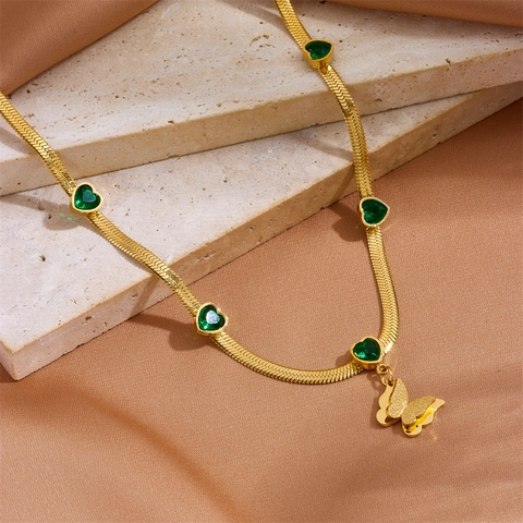 Butterfly Pendant Necklace Titanium Steel Green Heart Gemstone Snake Chain Vintage Fashion Jewelry For Women