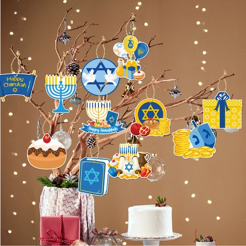 Happy Hanukkah Decorazioni Per Feste Etichette Carta Ornamenti Da Appendere Menorah Stella Di Davide Dreidel Motivi Tema Blu Oro