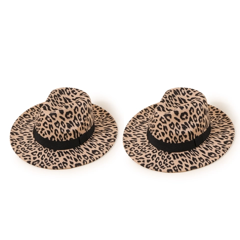 Luipaardprint Fedora Hoed Brede Rand Polyester Vilt Platte Kroon Jazz Cap Met Zwart Lint Voor Heren En Dames