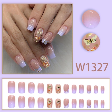 Purple Ombre Press On Nails With Butterfly Patterns Gold Foil Accents Long Coffin Shape Fake Nails For Women