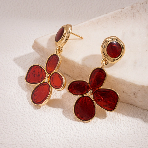 Orecchini A Goccia Fiore Vintage Lega Con Perno In Argento Sterling 925 Piega Irregolare Retro Stile Smalto Rosso Per Donna