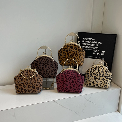 Borsa A Conchiglia Vintage Leopardo Da Donna Tessuto Velluto Chiusura Kiss Lock Manico In Metallo Catena Tracolla