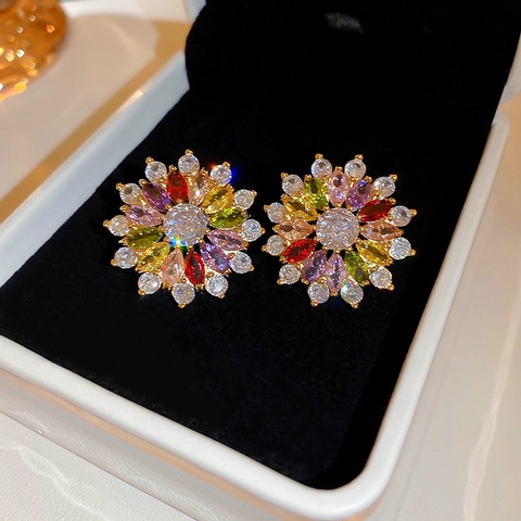 Orecchini A Lobo Con Fiori Colorati Rame Zircone Con Perno In Argento Sterling 925 Gioielli Eleganti Placcati Oro