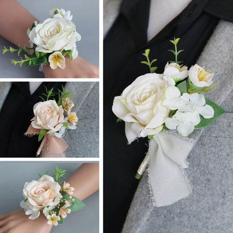 Artificial Satin Rose Boutonniere Wrist Corsage Elegant Handmade Ribbon Flower Accessories For Wedding Groom Bridesmaid