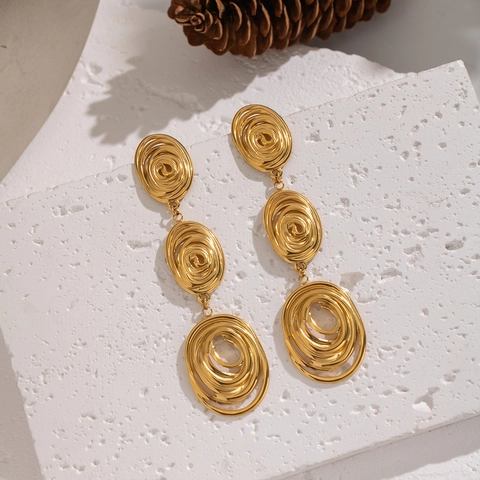 Vintage Spirale Hängeohrringe 304 Edelstahl 18K Vergoldet Geometrische Dreifache Kreis Drop Hypoallergen Für Frauen
