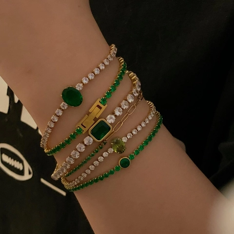 Pulsera De Tenis De Acero Inoxidable Para Mujer Circonita Verde Corte Esmeralda Chapada En Oro Lujo Joyería Ajustable