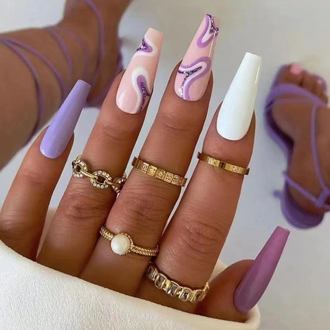 Uñas Postizas Mármol Morado Forma Coffin Larga Purpurina Plateada Brillante Manicura Moda Para Mujeres