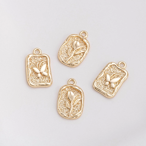 Gold Filled Tarnish Resistant Relief Butterfly Rose Charms Vintage Irregular Rectangle Oval Pendants For Jewelry Making DIY