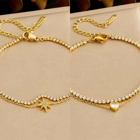 Double Layer Bracelet Stainless Steel Zircon Heart Eight Pointed Star Pendant Gold Plated Versatile Shiny Women Elegant