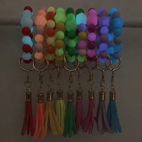 Leuchtendes Silikon Perlen Schlüsselanhänger Armband Mit Lederquaste Bunte Perlen Armreif Schlüsselanhänger Für Damen Herren Schlüsselring