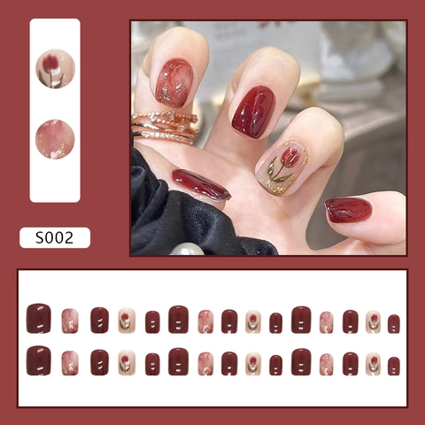 Press On Nails Deep Wine Red Cherry Glossy Tulip Floral Cat Eye Effect Gold Foil Elegant Vintage Style For Women