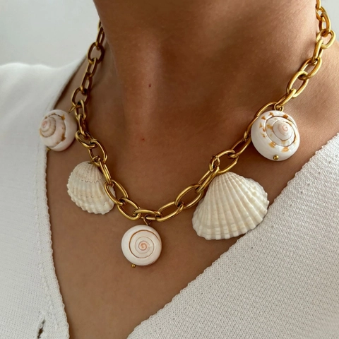 Exaggerated Stainless Steel Thick Chain Necklace For Women Bohemia Natural Shell Conch Pendant Gold Plated Fashion Jewelry Accessory