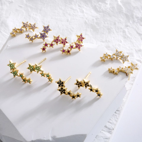 Pendientes Trepadores Estrella Cobre Latón Micro Pavé Zirconia Coloridos Estrellados Curvos Mujeres Joyería De Moda