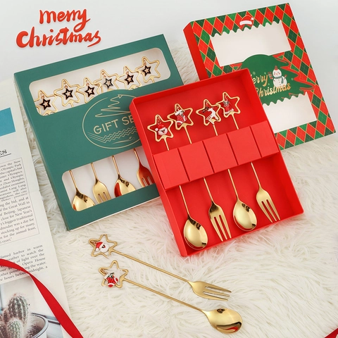 Christmas Cutlery Spoon Fork Stainless Steel Star Heart Pendant Mirror Polished Dessert Coffee Stirring Holiday Gift
