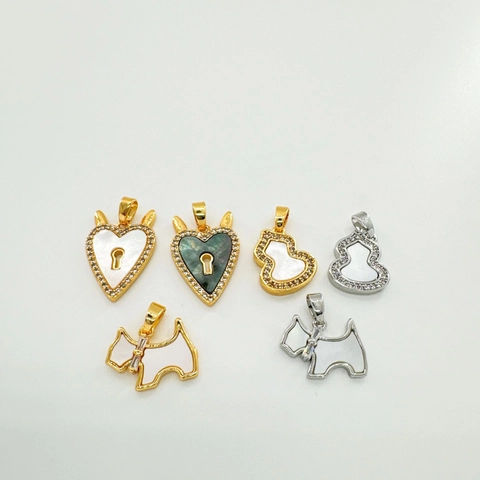 18K Gold Plated Copper Charms Shell Inlaid Cubic Zirconia Gourd Puppy Heart Pendants For DIY Jewelry Making