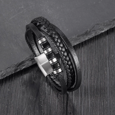 Men Multi-layer Leather Bracelet Woven Leather With Stainless Steel Beads And Magnetic Clasp Punk Jewelry