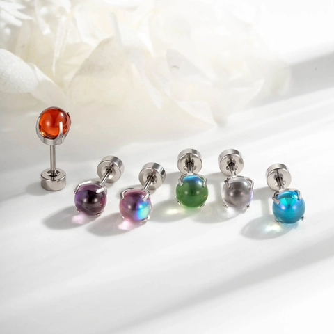 Pendientes De Cartílago De Acero De Titanio Bola Redonda Colorida Engaste De Garras Parte Posterior Plana Tornillo Joyas De Piercing