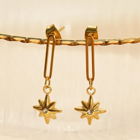 Octagram Star Dangle Earrings 18K Gold Plated Stainless Steel With White Zircon North Star Pendant For Women Fashion