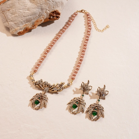 Collar Y Pendientes De Cobre Vintage Hoja Strass Con Poste De Plata Perlas Artificiales Sintéticas Piedra Preciosa Verde Joyería