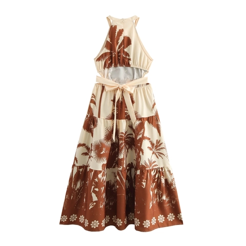 Halterneck Maxi Dress Palm Tree Print Cut Out Waist Bohemian Summer Vacation Backless Lace Up Elegant Long Sun Dress
