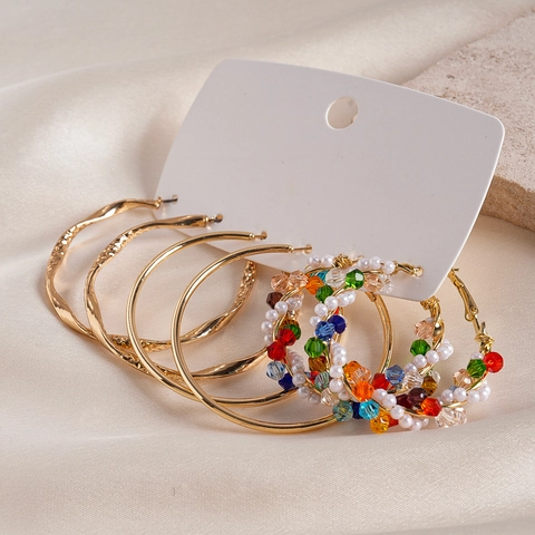 Geometrische Goldene Creolen Bunte Glasperlen Künstliche Perlenimitat Vintage Schmuck Mit 925 Sterling Silver Earring Post