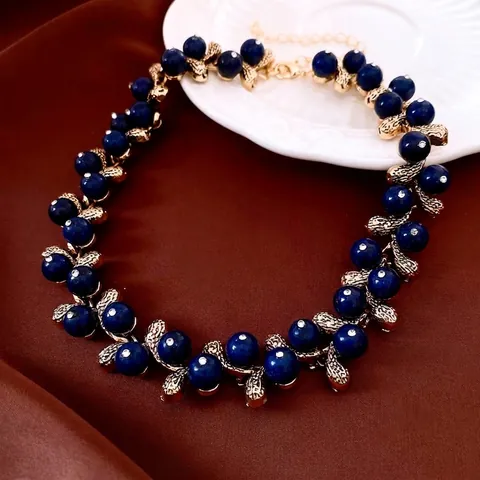 Vintage Jewelry Necklace And Earrings For Women Resin Blue Beads Alloy Flower With Silver Earring Post Elegant Rhinestone