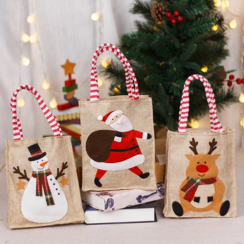 Christmas Burlap Gift Bags Santa Snowman Reindeer Pattern Striped Handle Candy Apple Bag Holiday Party Decoration Gift