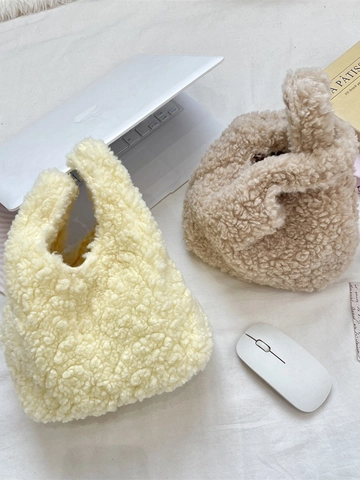 Borsa In Peluche Sherpa Fleece Morbida Borsa Da Polso Teddy Fur Fodera Gingham Autunno Inverno Per Donne