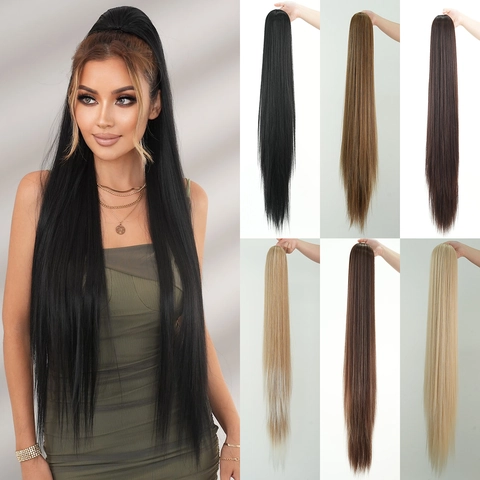 Long Straight Ponytail Extension Synthetic Heat Resistant Fiber Drawstring Natural Smooth Hairpiece For Women