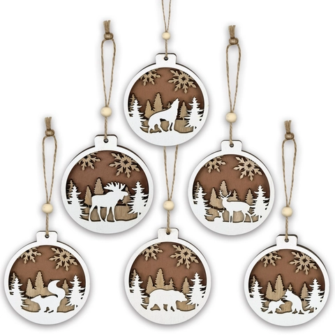 Multi-layer Laser Cut Wooden Christmas Tree Hanging Ornaments Forest Animal Nativity Scene Round Wood Crafts For Home Party