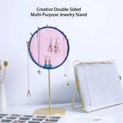 Nordic Style Metal Jewelry Display Stand Velvet Double Sided Pink Blue Necklace Earring Holder Organizer For Dressing Table