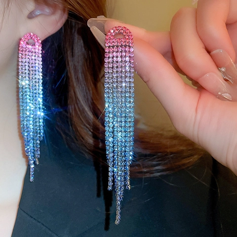 Long Tassel Earrings Ombre Gradient Rhinestone Alloy Elegant Dangle Jewelry For Women With 925 Sterling Silver Earring Post