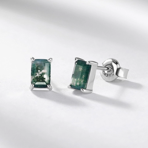 Orecchini a Bottone in Argento Sterling 925 con Agata Muschiata Naturale Geometrici Rettangolari Taglio Smeraldo Pietra Verde Donna