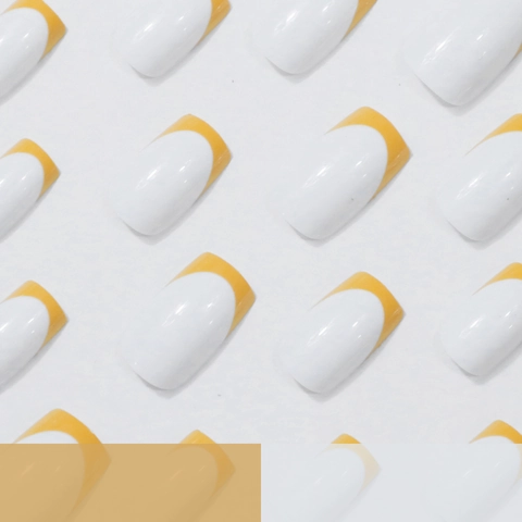 French Tip Press On Nails White And Yellow Square Round False Nails For Women Minimalist Nail Extensions With Jelly Glue And File