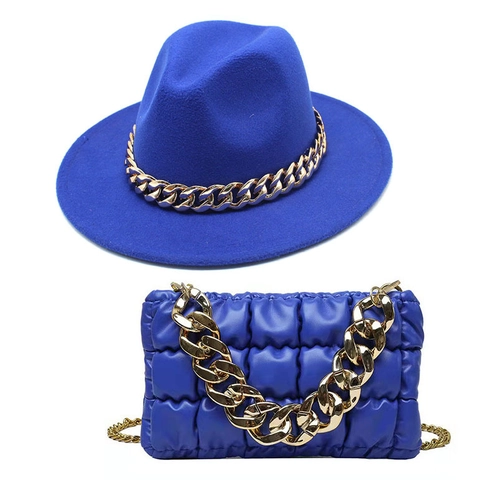 Chapeau Fedora Vintage Avec Décoration Grosse Chaîne Dorée Ensemble Sac Bandoulière Matelassé Assorti Pour Femmes Hommes