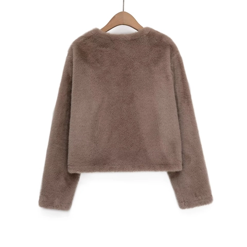Women's Faux Fur Short Jacket Elegant Round Neck Single Breasted Long Sleeve Warm Outerwear Solid Color Coat For Autumn Winter