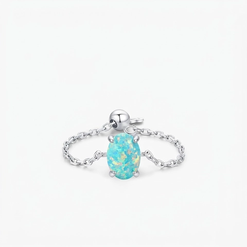 Anillo De Cadena Ajustable De Plata De Ley 925 Con Opalo Azul Ovalado Joyería Minimalista Elegante Para Mujer