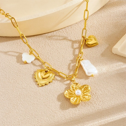 Collar De Acero Inoxidable Chapado En Oro Con Múltiples Colgantes Para Mujer Corazón Flor Perla Artificial Imitación Estilo Vintage