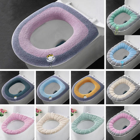 Funda de Asiento de Inodoro de Punto Espesada Cálida Felpa Lavable Almohadilla Tipo O Con Asa Accesorios de Baño Universales