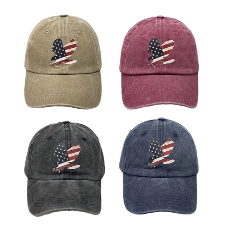 Washed Cotton Baseball Cap Retro Vintage American Flag Eagle Patch Adjustable Sun Hat For Men Women