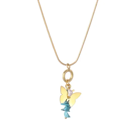 Damen Edelstahl Schmetterling Naturstein Anhänger Halskette Gold Schlangenkette Mit Künstliche Perle Schmuck Halskette