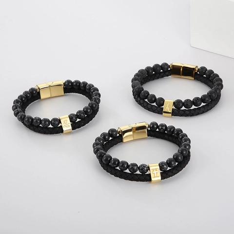 Men Bracelet Double Layer Braided Leather Lava Stone Stainless Steel Cross Character Magnetic Clasp Ethnic Retro Jewelry