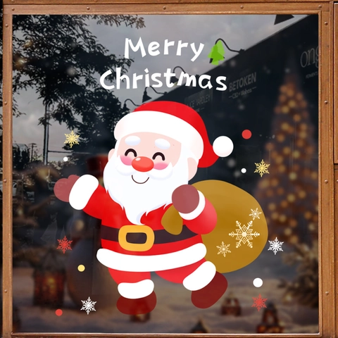Santa Claus Christmas Window Stickers Static Cling PVC Removable Glass Door Decals Double Sided UV Print Xmas Decor