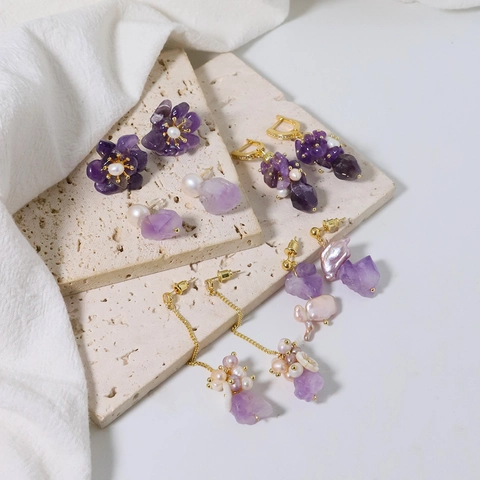 Natural Freshwater Pearl Amethyst Earrings For Women Fashion Elegant Gold Plated Alloy Drop Stud Earrings Jewelry Gift