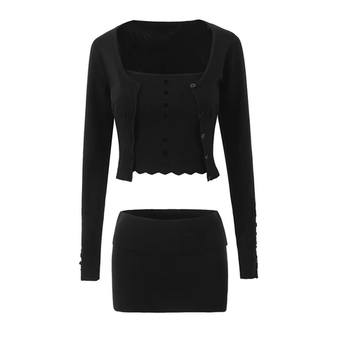 Women Long Sleeve Cardigan Ribbed Knit Tube Top And Mini Skirt Solid Color Hollow Out Streetwear Outfit