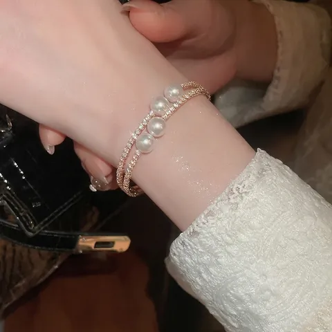 Doppellagiges Künstliche Perlenarmband Für Damen Mit Strasssteinen Offener Armreif Vergoldet Modisch Elegant Schmuck Zubehör