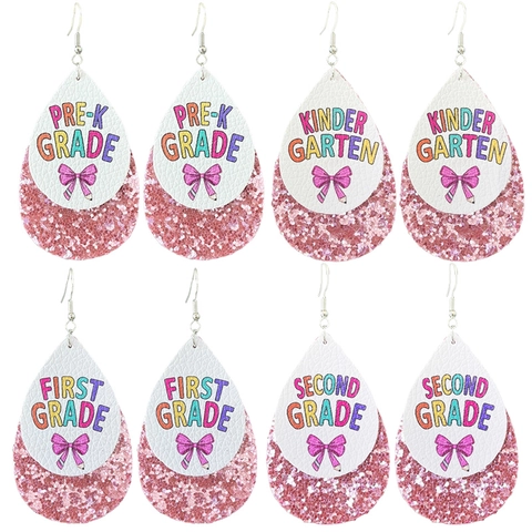 Teardrop Earrings Double Layer PU Leather Pink Glitter Back To School Grade Level Print Fashion For Women Teacher